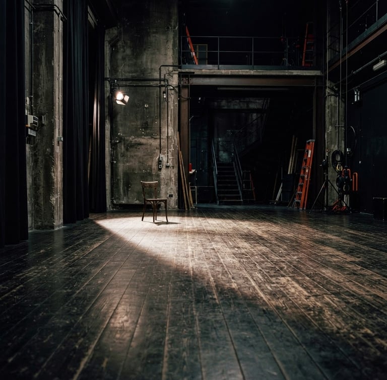 Industrial theater rehearsal room in Rome, empty wooden floor with dramatic side-lighting, raw concrete walls, high-contrast chiaroscuro, 35mm film style