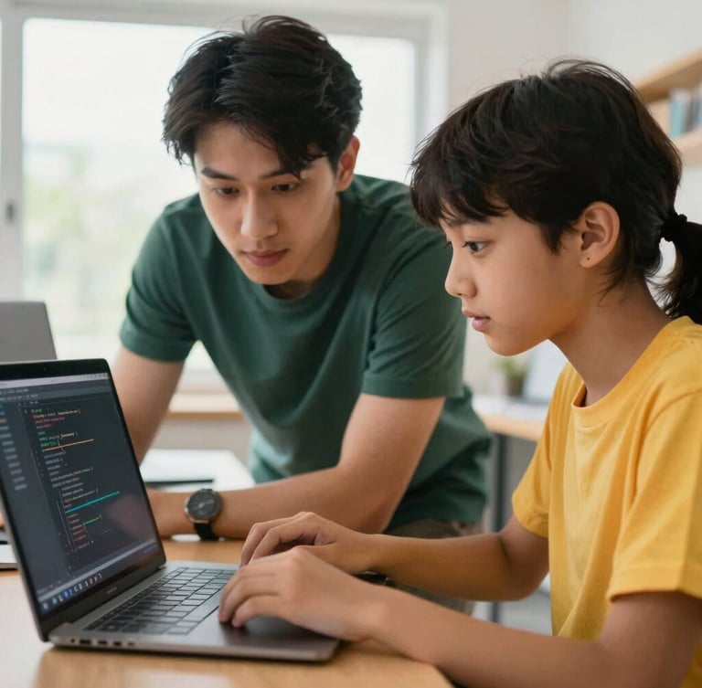A medium close-up of a software engineer guiding a young student coding on a laptop, warm screen glow, natural workshop light, 35mm lens.