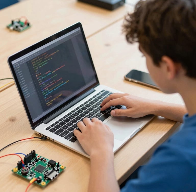 Overhead shot of a K-12 student coding on a laptop next to a physical microcontroller board with wires, warm ambient screen glow, shallow depth of field