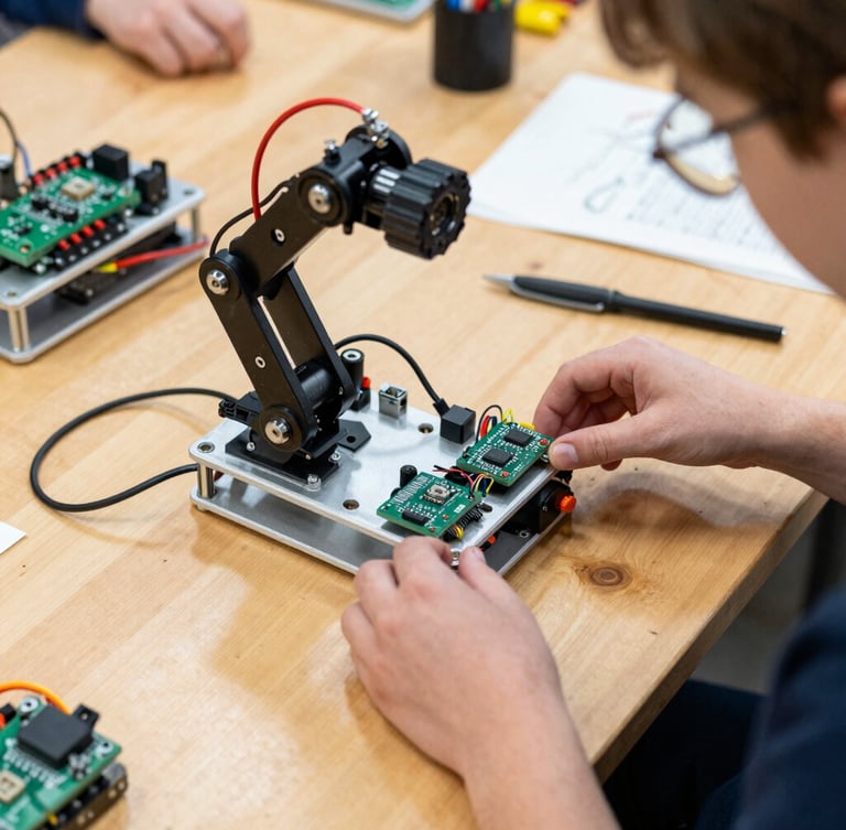 Overhead shot of physical robotic hardware, microcontrollers, and wiring on a wooden workshop table in Augusta, hands of students adjusting a chassis, natural daylight.