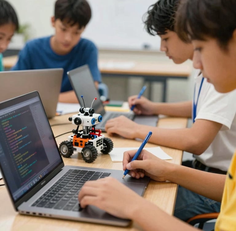 Dynamic medium close-up of K-12 students writing code on laptops and building physical autonomous robots, warm screen glow, 35mm lens.