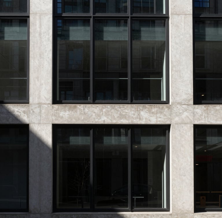 High-contrast architectural shot of a modern concrete and glass facade in London, sharp directional light casting deep diagonal geometric shadows, minimalist crop.