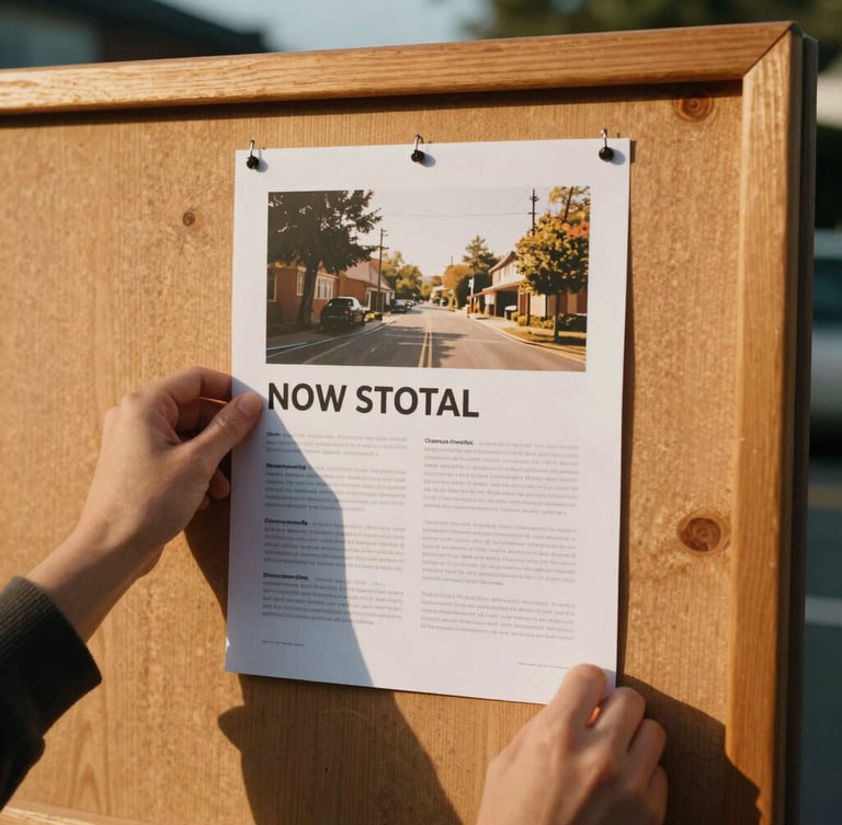 Hands pinning a beautifully designed physical flyer onto a wooden neighborhood bulletin board, warm golden-hour sunlight casting soft shadows, 35mm film look