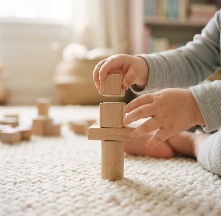 Warm editorial photography, soft natural morning light, close-up of a toddler's small hands carefully stacking minimalist wooden blocks on a cream rug, shallow depth of field, 35mm