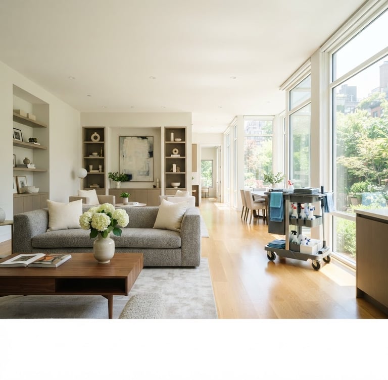 Wide shot of a modern, immaculately clean living room with bright natural daylight, crisp focus on polished surfaces, a subtle branded cleaning cart visible to the right, high-end editorial style.