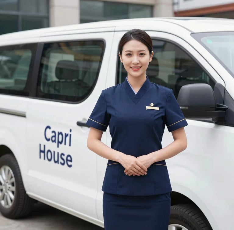 A professional Capri Housekeeping team member in a crisp, clean navy uniform, smiling confidently, standing next to a white branded company vehicle in a bright urban setting, natural daylight, medium shot, high-end editorial style.