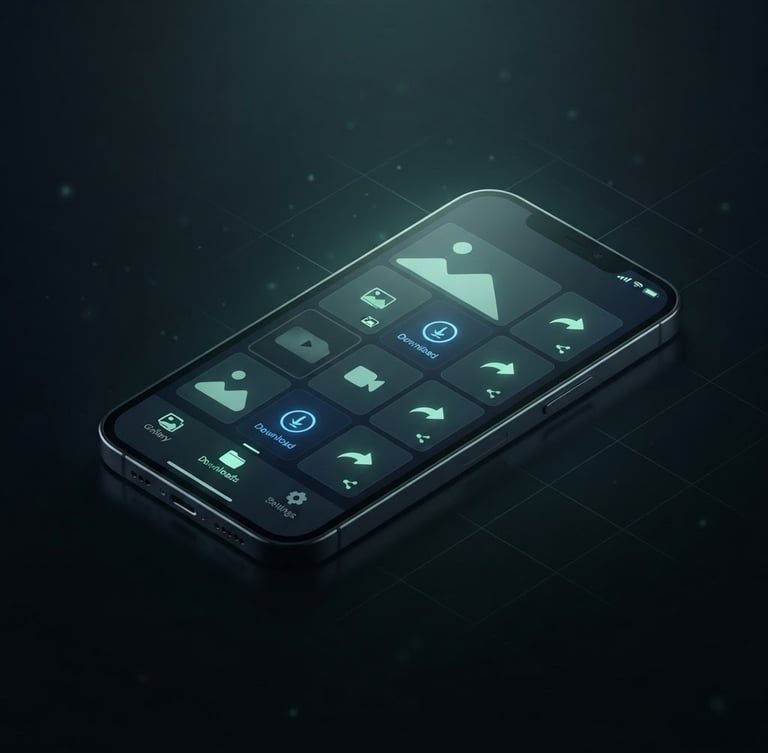 Isometric dark mode smartphone mockup showing Status Saver interface with a subtle mint-green glow, electric blue accents, clean minimalist tech aesthetic. Expansive dark background.