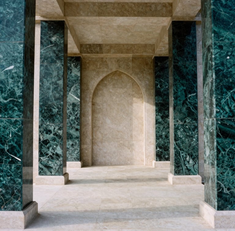 Symmetrical architectural perspective of a modern stone pavilion, deep emerald marble columns, soft natural light, sharp shadows, 35mm