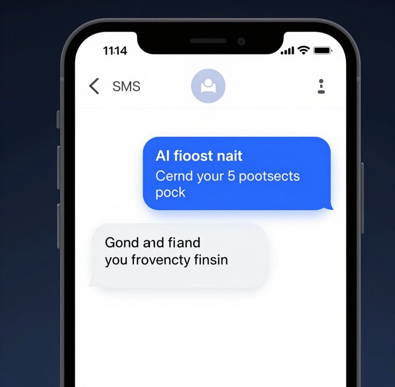A clean, simplified interface mockup showing an active SMS conversation on a mobile screen. An AI assistant politely qualifies a prospect and sends a calendar link, cool blue ambient glow, sharp shadows.