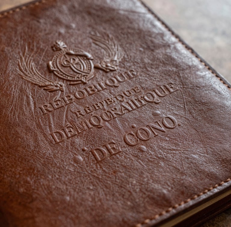 Vue rapprochée d'un traité officiel en cuir avec le sceau de la République Démocratique du Congo, lumière naturelle rasante sur le papier texturé.