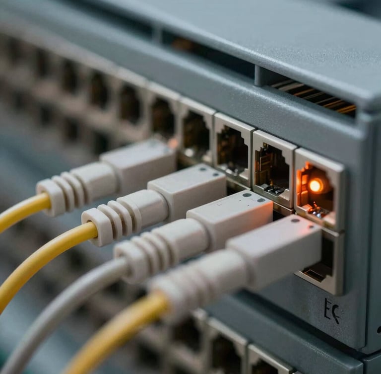 A close-up macro shot of structured fiber optic cabling terminated into a high-density patch panel with a single orange status LED glowing.
