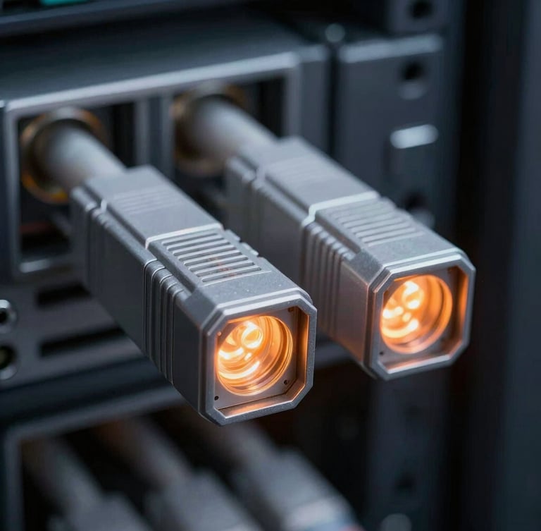 Macro close-up of clean fiber optic cable terminations glowing with subtle orange LED signal light in a dark server rack.