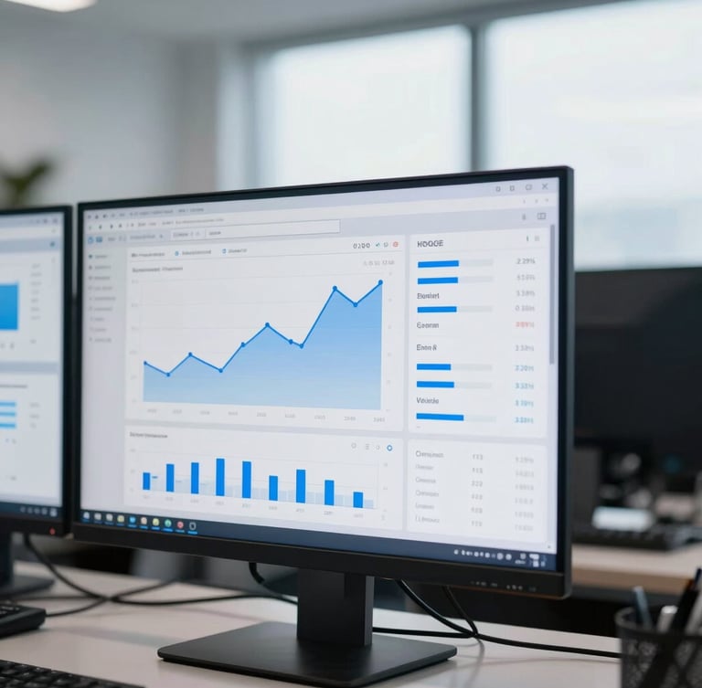 Close-up of a modern workspace with analytical dashboards showing financial metrics on screens, sharp focus, cool-toned daylight