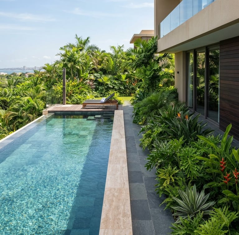 Pristine swimming pool next to a perfectly manicured tropical garden in Luanda, clean vertical framing, bright natural equatorial daylight, sharp architectural focus, 35mm lens