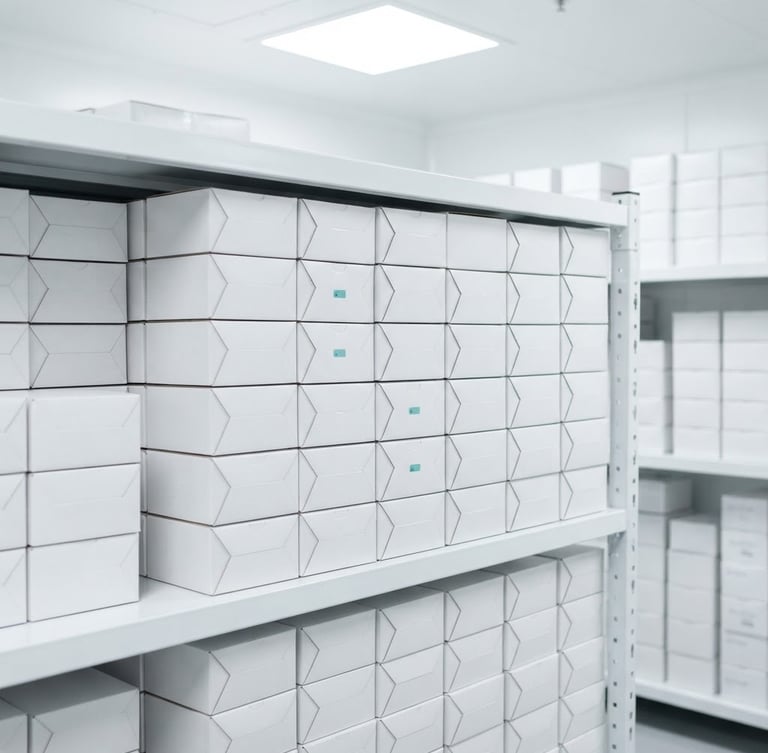 Bright high-key medical photography, sterile white cold-chain storage facility, medical boxes stacked neatly, crisp neutral daylight, sharp focus, 50mm lens