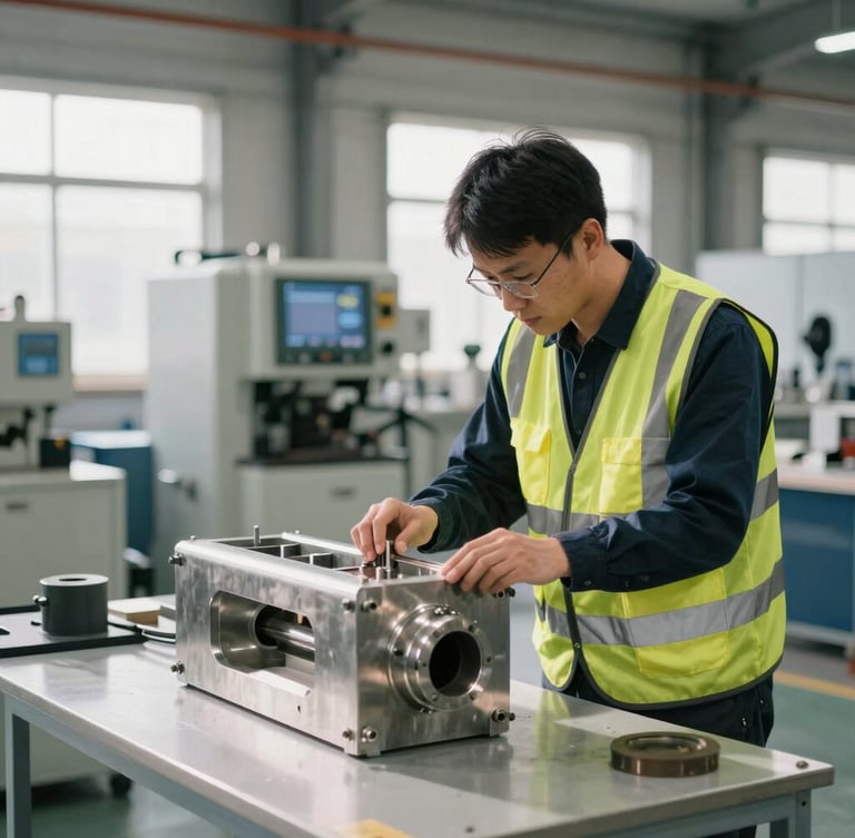 A professional inspector in a high-visibility vest examining a metallic product prototype on a bright factory floor, active machinery blurred in background, 35mm
