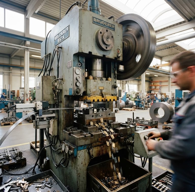 Industrial documentary photography of a high-precision metal stamping press on a clean factory floor, bright natural warehouse lighting, sharp focus, 35mm