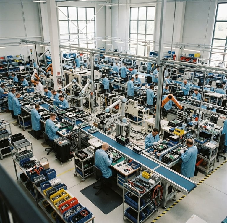 High-angle shot of a clean, modern electronics assembly line, bright natural warehouse lighting, metallic robotic arms, sharp focus, 35mm