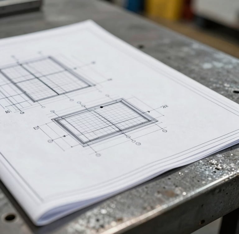 Macro close-up of a technical blueprint and spec sheet resting on a steel factory workbench, bright natural warehouse lighting, sharp focus, 35mm