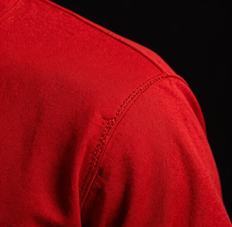 High-contrast macro detail of double-needle stitching on a thick crimson red shoulder seam, sharp studio strobe lighting, deep black background.