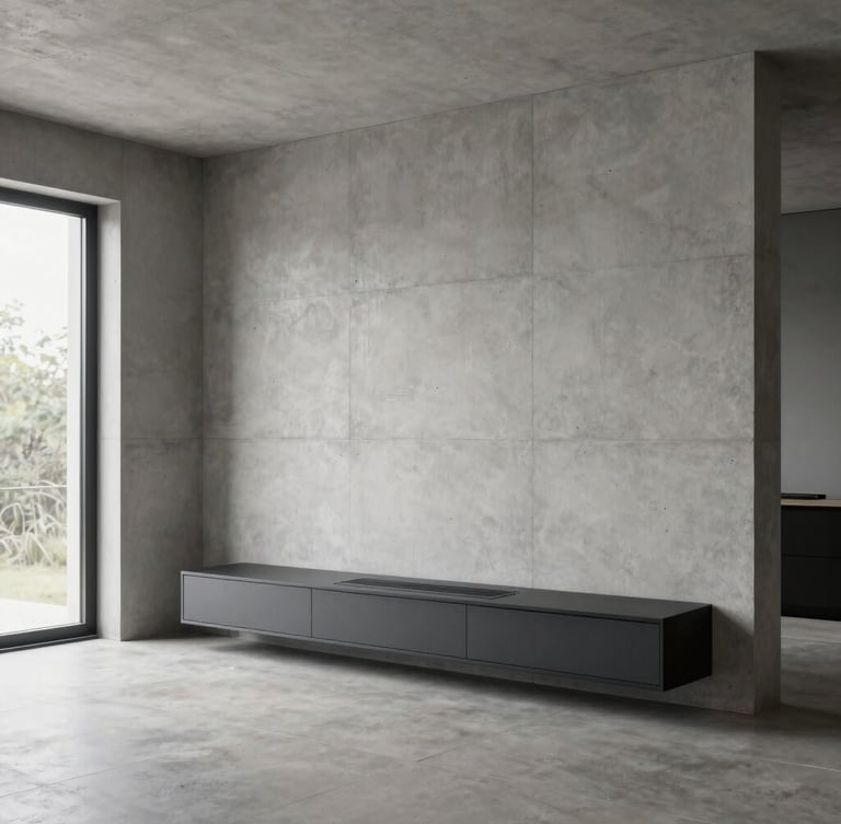 Wide environmental interior of a minimalist concrete living room, a sleek matte charcoal climate unit integrated flush into the wall, soft natural window light, 35mm photography