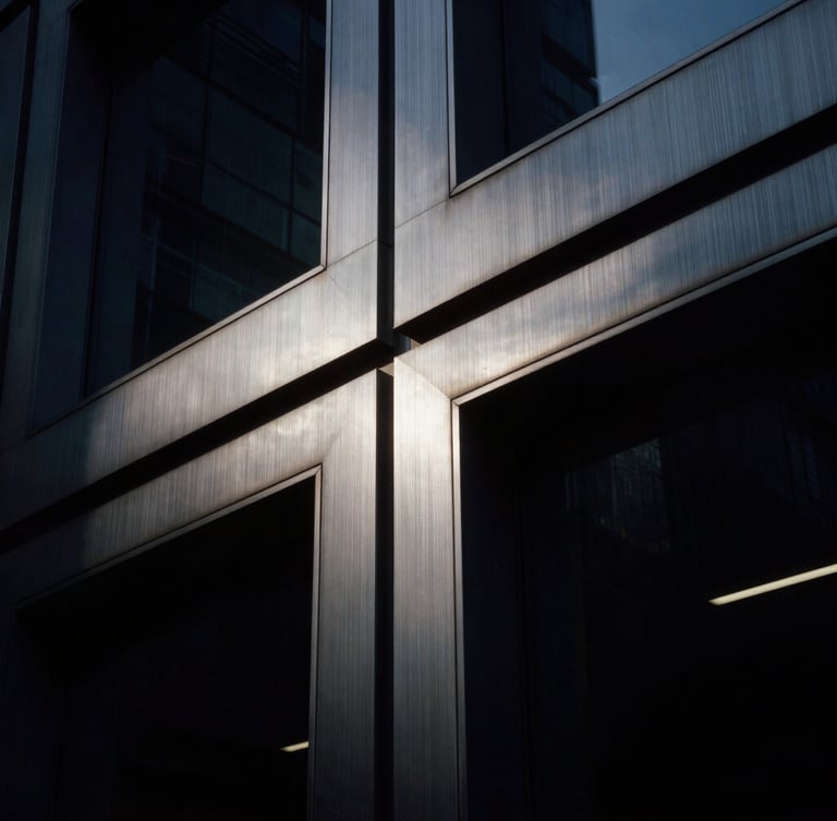 Close-up of brushed metal paneling and dark glass on a premium corporate building, dramatic low-key lighting, high contrast, 35mm