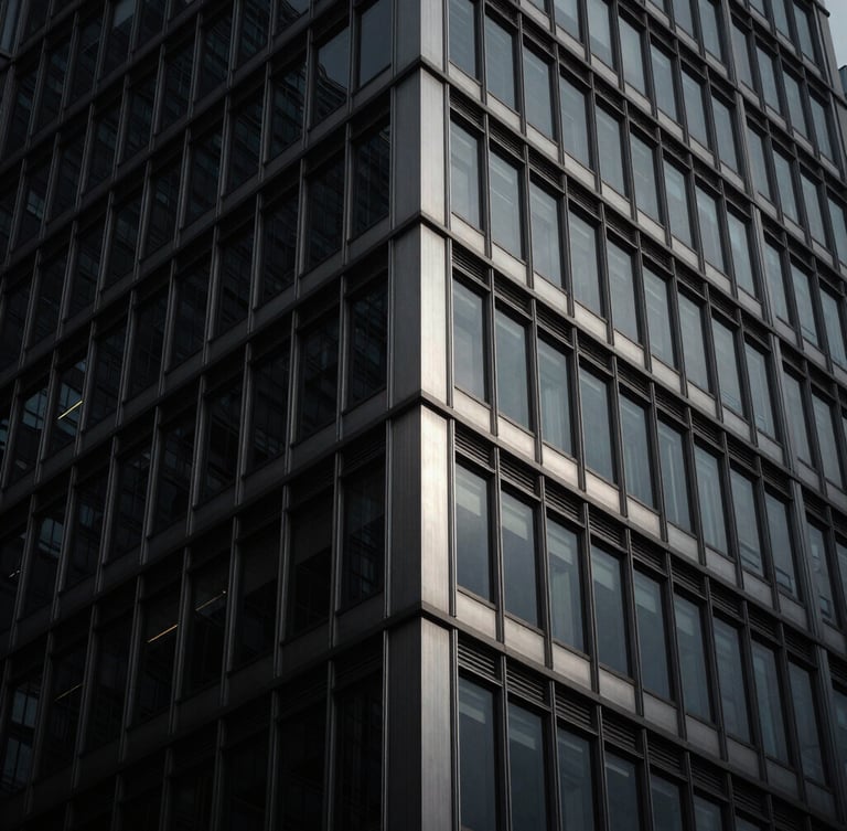 Moody architectural photography of a modern steel and glass skyscraper corner, low-key dramatic lighting, deep charcoal and brushed silver tones, high contrast, 35mm