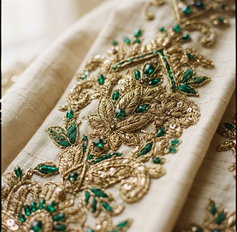 Macro close-up of intricate gold threadwork and emerald embroidery on cream raw silk, soft diffused natural light, shallow depth of field, 35mm