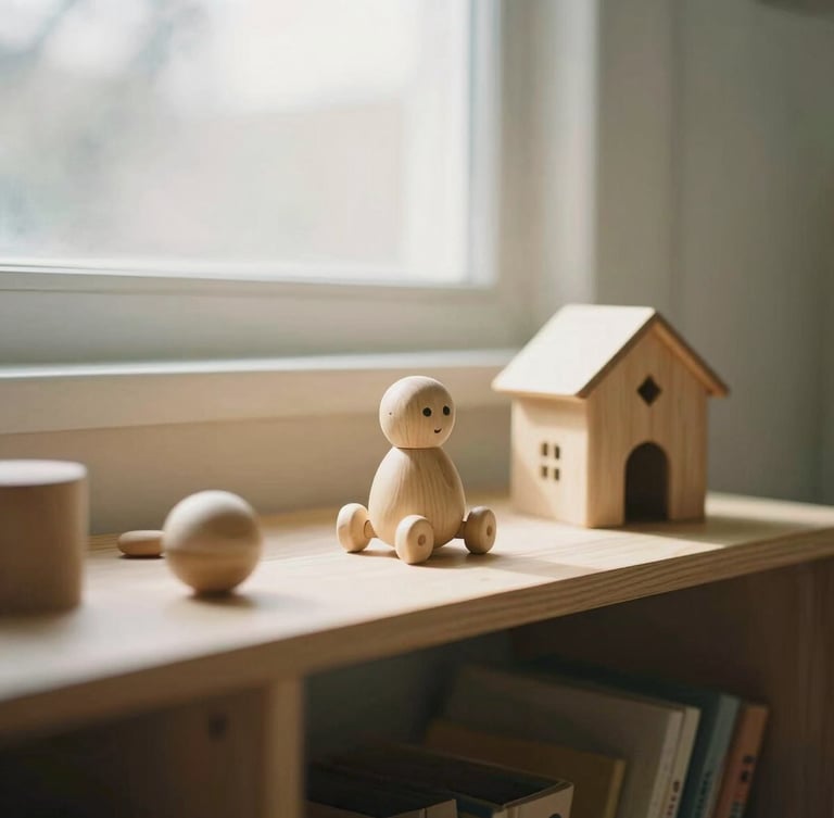A warm, sunlit home playroom with wooden toys on a low shelf, soft natural window light, gentle muted earth tones, shallow depth of field, 35mm