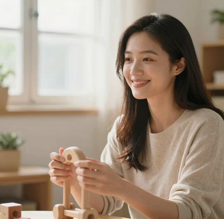 Warm editorial portrait of a smiling female childcare provider in a sunlit home environment, holding a wooden toy, soft natural window light, shallow depth of field, 35mm.