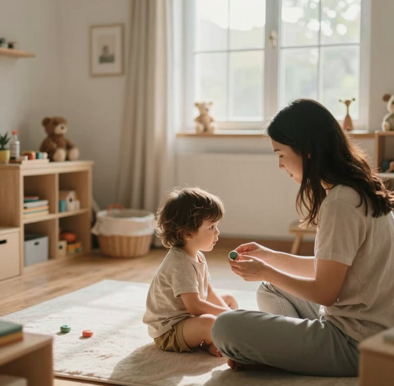 Warm editorial photography of a cozy, organized home playroom with soft natural window light. Gentle muted earth tones, shallow depth of field, 35mm. A caregiver sits at eye-level with a child.
