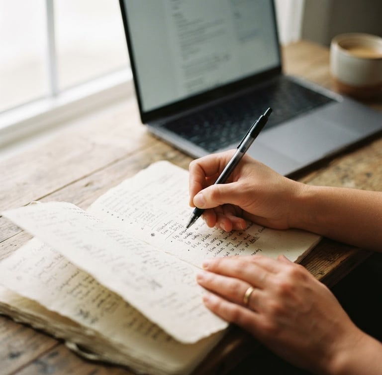Primer plano de manos tomando notas en un cuaderno de papel texturizado, un teclado de ordenador portátil visible al fondo, luz natural indirecta y suave de una ventana, tonos tierra apagados, estilo editorial.