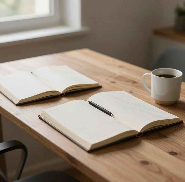 Planos cenitales de escritorios ordenados, cuaderno abierto con notas manuscritas organizadas, taza de café de cerámica, luz natural indirecta y suave de ventana