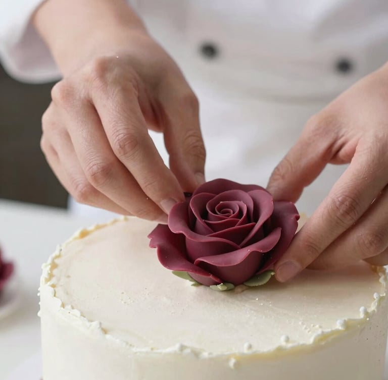 Macro close-up of a pastry chef's hands delicately placing a hyper-realistic sugar rose onto a textured white cake, soft natural side lighting, shallow depth of field, elegant atmosphere