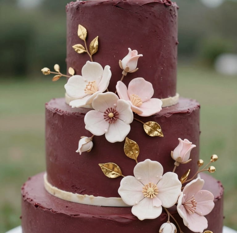 Elegant close-up of a three-tiered wedding cake decorated with delicate, hand-sculpted sugar flowers and gold leaf, soft natural daylight, shallow depth of field, premium editorial food photography.