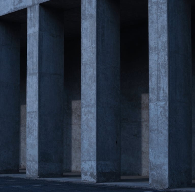 Minimalist architectural photography of concrete brutalist pillars with sharp shadows under cool blue-hour light, 35mm