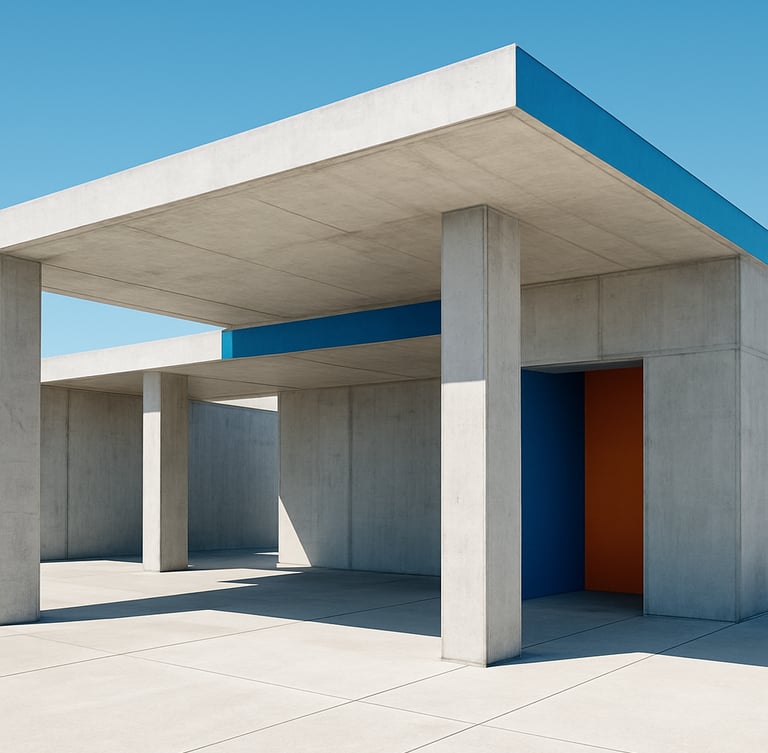 Wide-angle architectural photograph of a minimalist concrete pavilion in Doral, bright high-key natural daylight, sharp geometric shadows, electric blue accents, 35mm