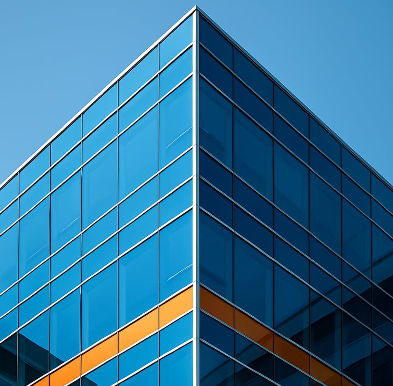 Macro close-up of a modern glass office building corner, sharp geometric angles and deep blue shadows, bright high-key daylight, architectural precision, 35mm.
