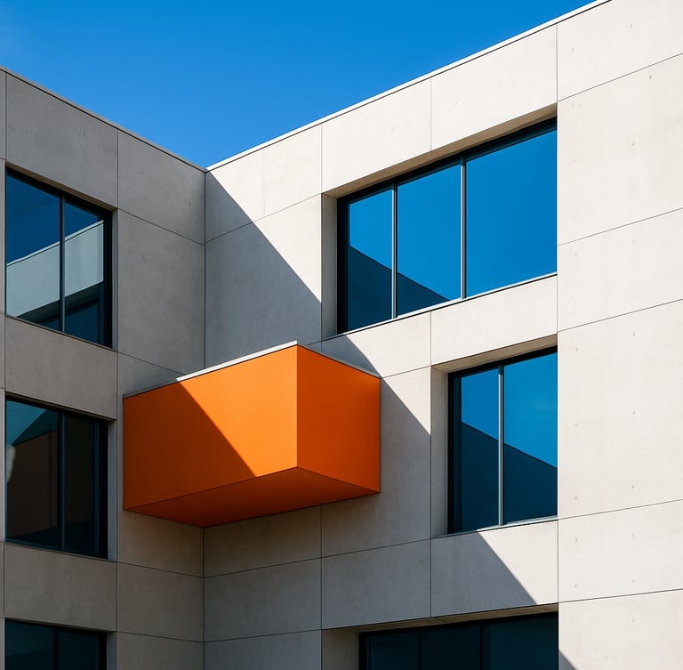 Bright architectural photography of a modern concrete and glass building facade in Doral, high-key natural daylight, sharp geometric shadows, vivid blue sky reflection, 35mm