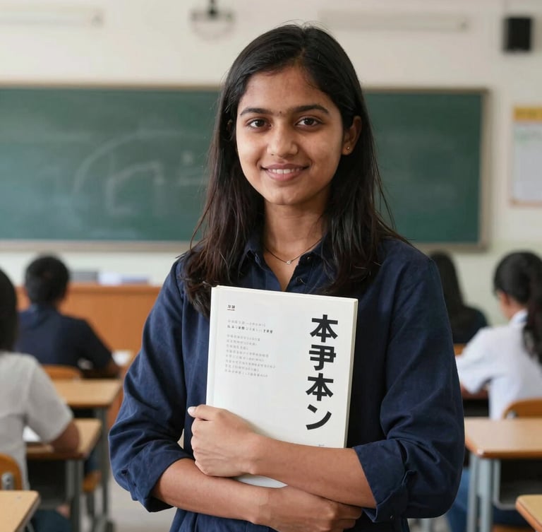Dignified portrait of a female student in Dhaka holding a Japanese textbook, smiling confidently, modern clean classroom background, natural daylight, 35mm lens