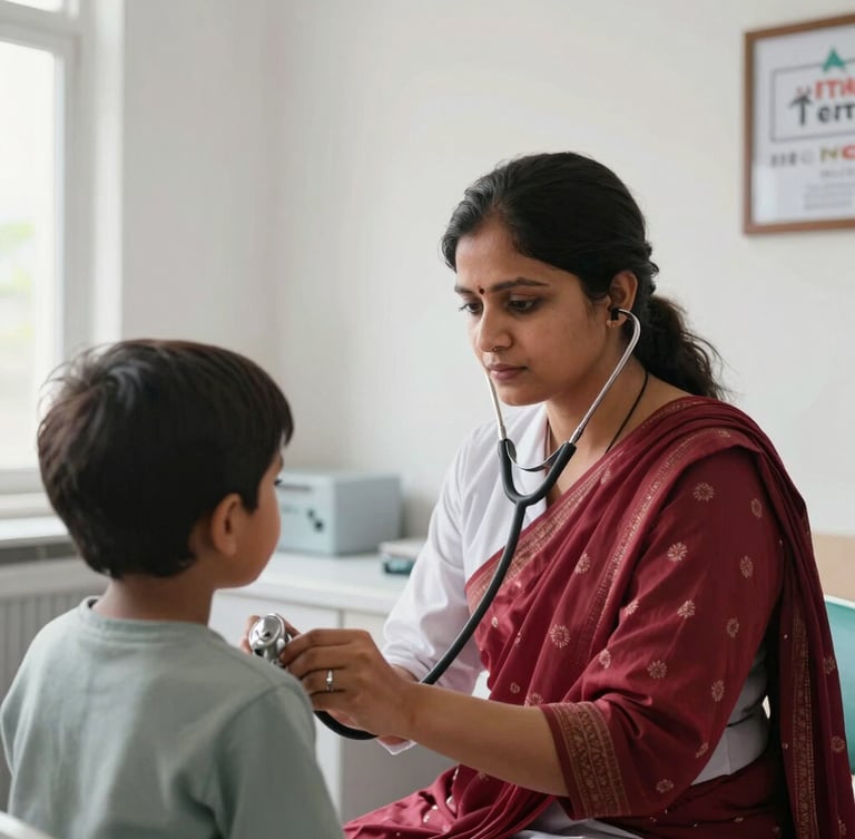 Dignified portrait of a female Bangladeshi doctor in a bright, clean, modern community clinic, examining a child with a stethoscope, bright natural daylight, rich deep tones, 35mm lens.
