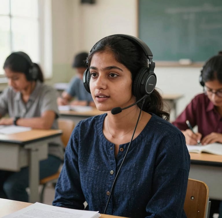 Dignified portrait of a young Bangladeshi woman in a brightly lit modern language lab, wearing headphones and speaking confidently, sharp focus, 35mm lens