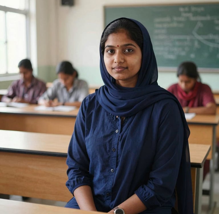 Dignified portrait of a young Bangladeshi woman in a modern language lab, bright natural daylight, rich deep tones, sharp focus, 35mm lens.