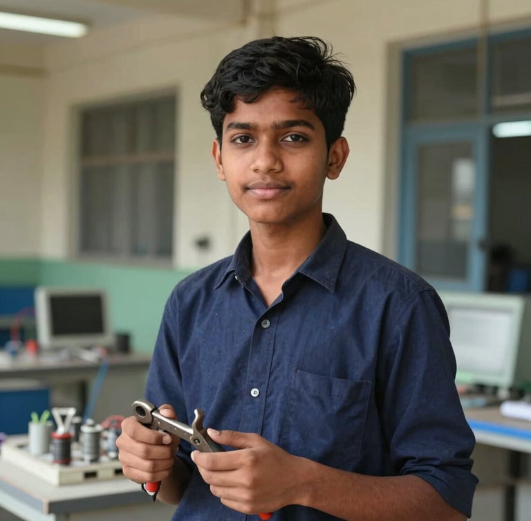Dignified portrait of a young Bangladeshi student in a modern electrical workshop, holding tools under bright natural daylight, sharp focus, 35mm lens
