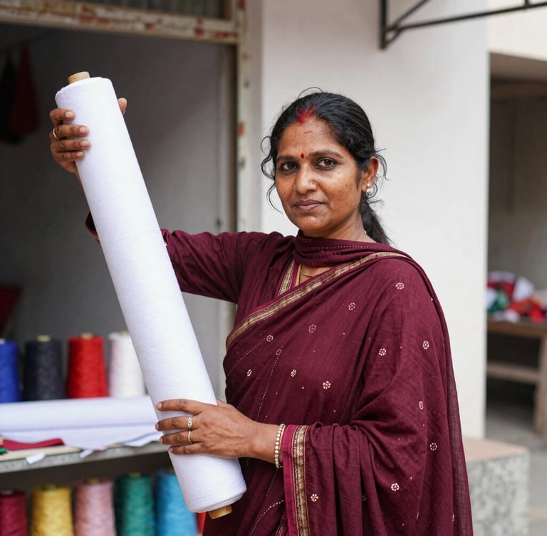 A dignified portrait of a Bangladeshi woman standing proudly in her newly established tailoring shop, holding high-quality textile roll, bright natural daylight, editorial photography