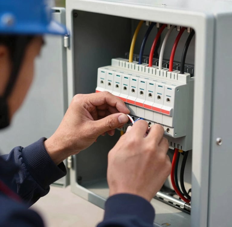 Close-up of hands-on technical training, a student in protective gear wiring an industrial electrical panel under bright daylight, editorial documentary photography, sharp focus