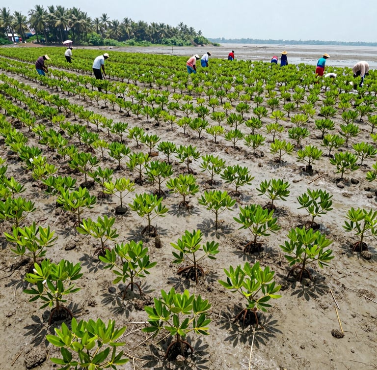 Wide-angle panoramic shot of young mangrove saplings planted in structured grids along a tidal shoreline in Bangladesh, local conservationists working in the background under bright natural daylight, 35mm lens.