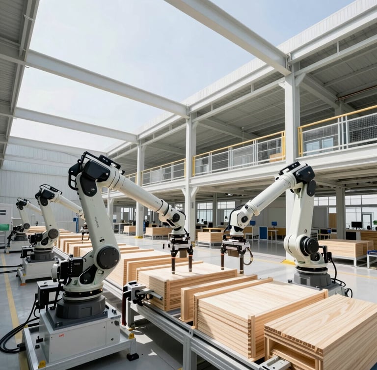 Wide-angle architectural shot of a bright, high-tech off-site manufacturing facility, robotic assembly arms positioning mass timber components, clean industrial daylight.