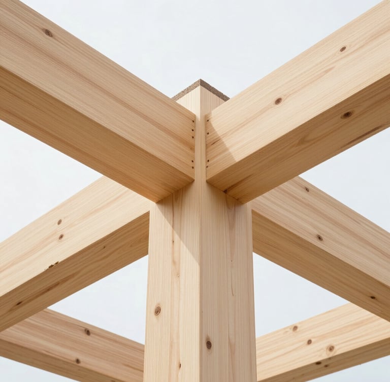 Close-up of a massive cross-laminated mass timber structural column, showing the clean engineered wood grain and precise joint connections under bright daylight.