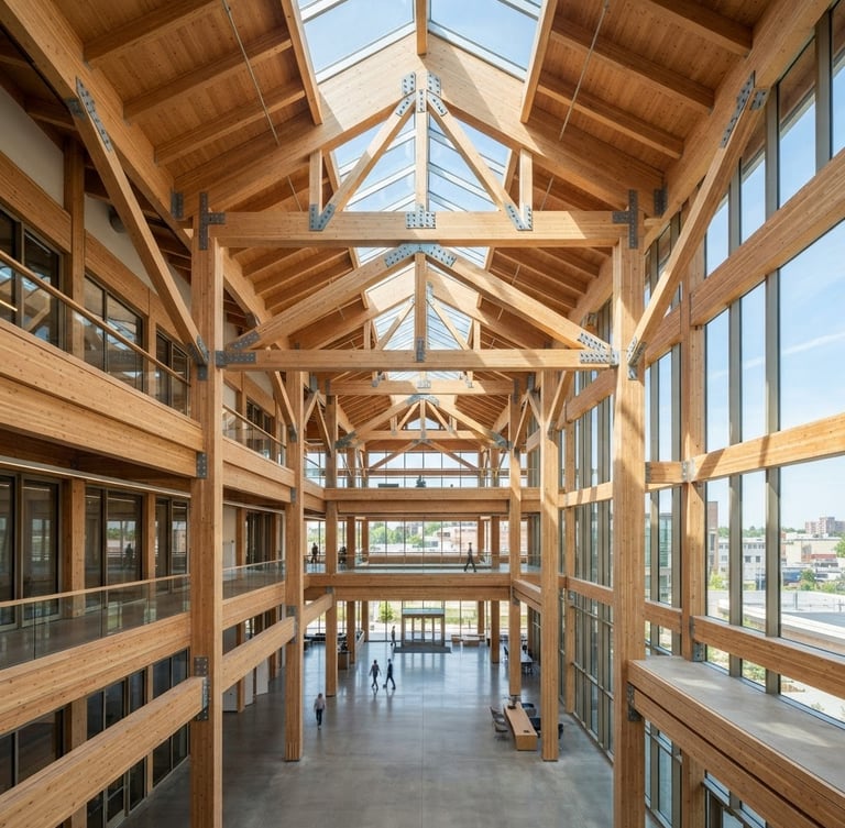 Wide-angle architectural photograph of a modern mass timber structure under bright daylight, clean structural lines, sharp geometric framing, high-tech industrial aesthetic